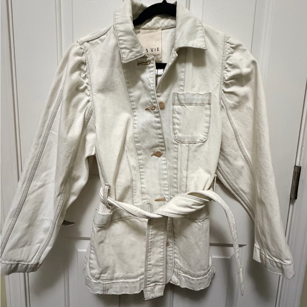 La Vie Rebecca Taylor Ecru Denim Utility Jacket Women’s M – Belted Button Front